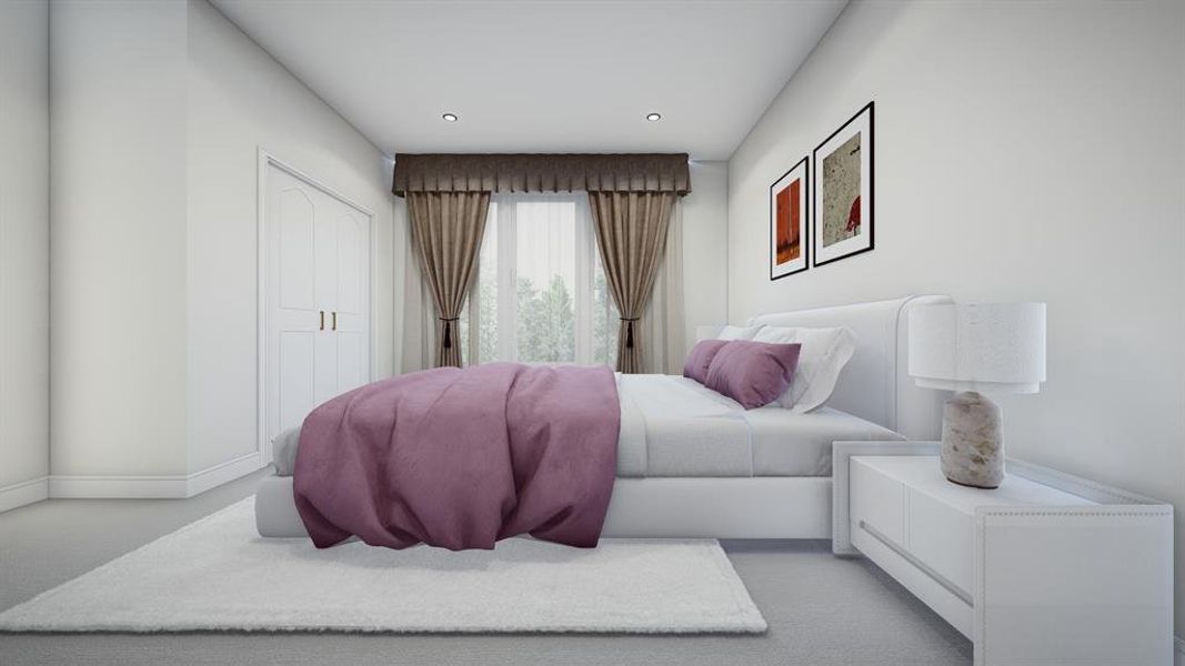 Bedroom featuring light colored carpet, a closet, and recessed lighting