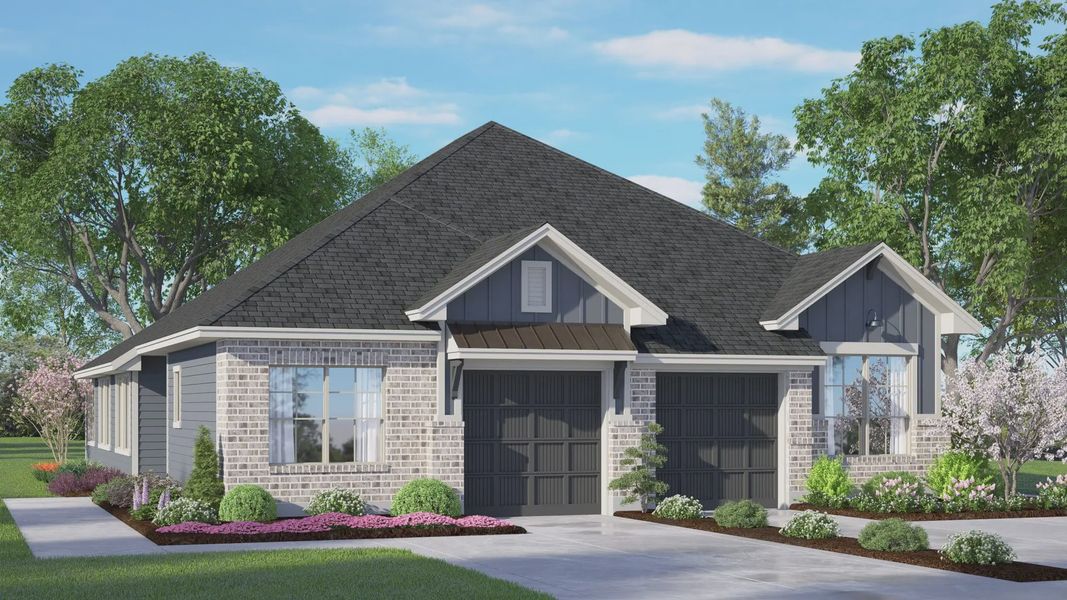 Representative exterior photo of a completed home built from the Chalet by Chesmar Homes in Meridiana Townhomes, Iowa Colony, TX (Image 9).