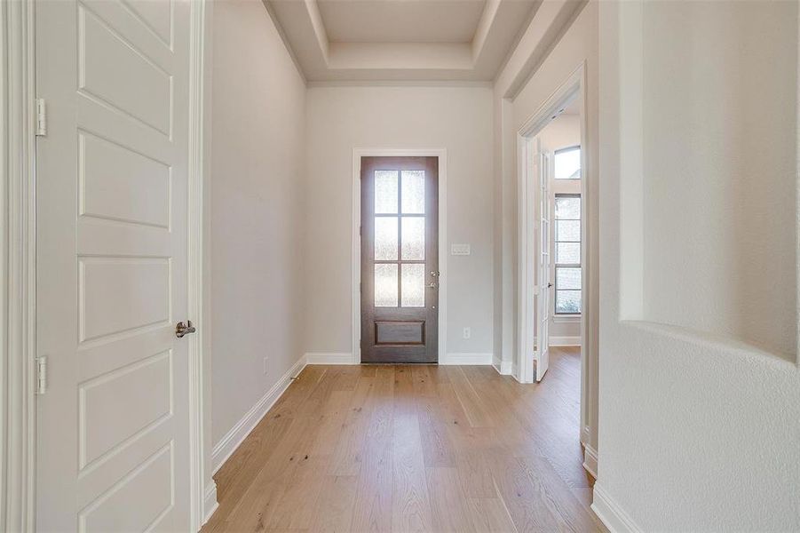 Entrance foyer featuring light wood-type flooring and a tray ceiling