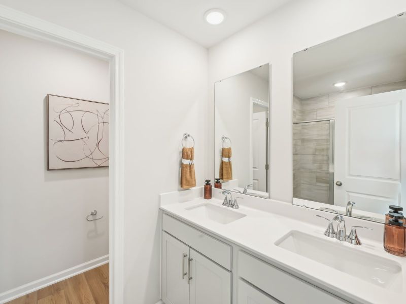Primary bathroom in the Jade floorplan at a Meritage Homes community in Mebane, NC. Primary bathroom in the Jade floorplan at a Meritage Homes community in Mebane, NC.