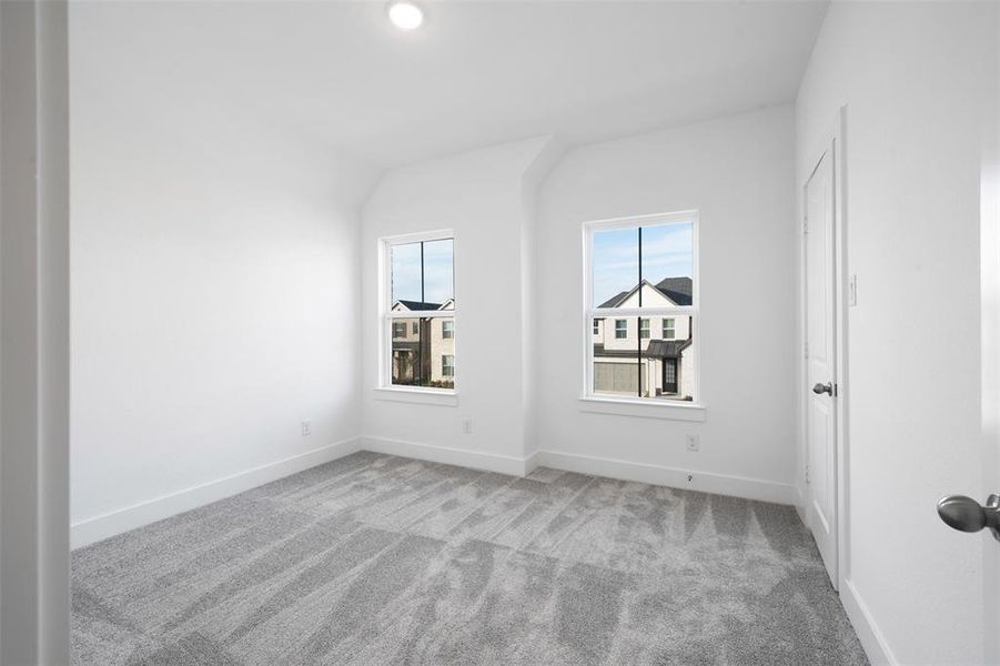 Unfurnished room with light carpet, a healthy amount of sunlight, and lofted ceiling