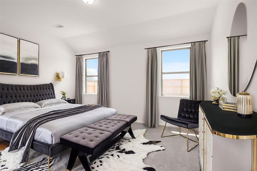 The primary bedroom is generously sized, creating a tranquil and spacious retreat that offers ample room for relaxation. Featuring plush carpet, high ceilings, fresh paint, and large windows that lets in natural lighting throughout the day. The primary bedroom is generously sized, creating a tranquil and spacious retreat that offers ample room for relaxation. Featuring plush carpet, high ceilings, fresh paint, and large windows that lets in natural lighting throughout the day.