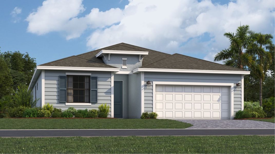 Front exterior of a new home in Rye Ranch, Parrish, FL, highlighting curb appeal (Image 1). Front exterior of a new home in Rye Ranch, Parrish, FL, highlighting curb appeal (Image 1).