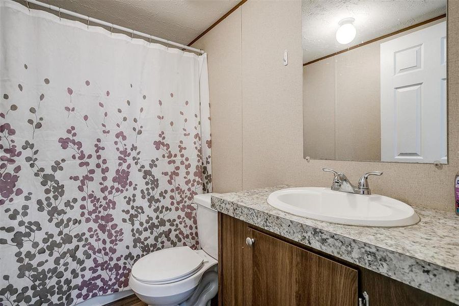 Bathroom with toilet, vanity, and a textured ceiling