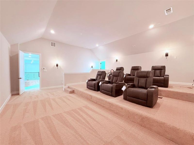 Dedicated theater room featuring tiered seating platforms