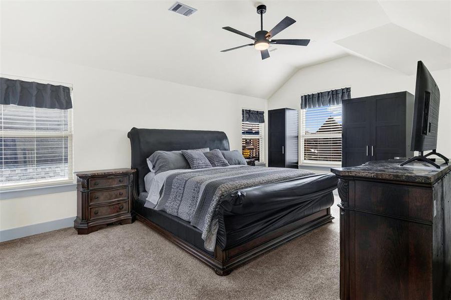 Carpeted bedroom featuring ceiling fan and lofted ceiling Carpeted bedroom featuring ceiling fan and lofted ceiling