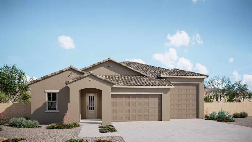 Front exterior of a new home in Mountain View Ranch, Vail, AZ, highlighting curb appeal (Image 1).