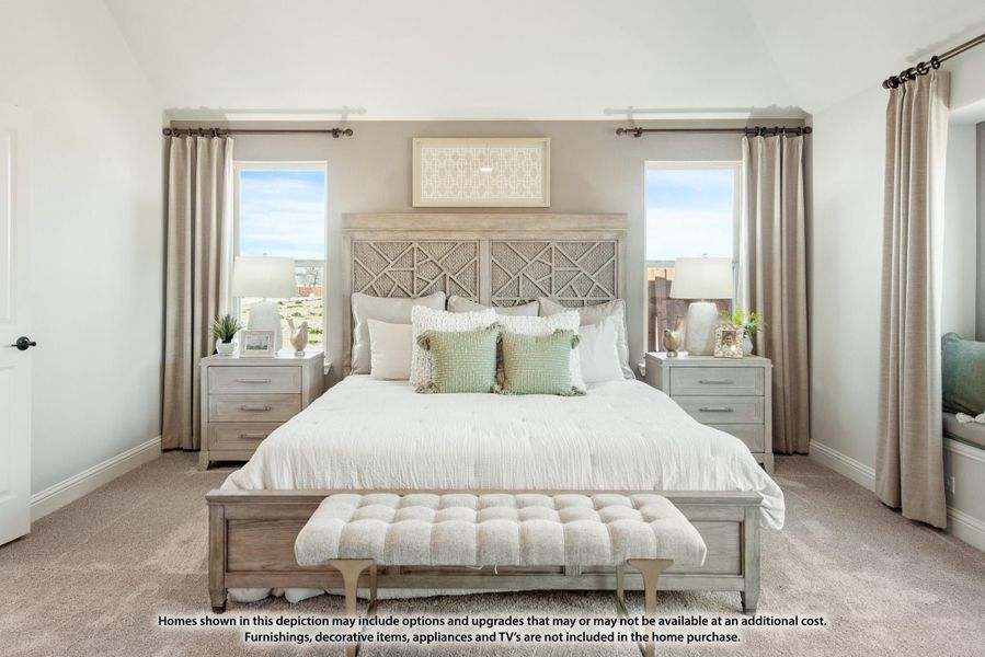 Master bedroom with king bed, carved wood headboard, two windows, nightstands, and upholstered bench at foot of bed Master bedroom with king bed, carved wood headboard, two windows, nightstands, and upholstered bench at foot of bed