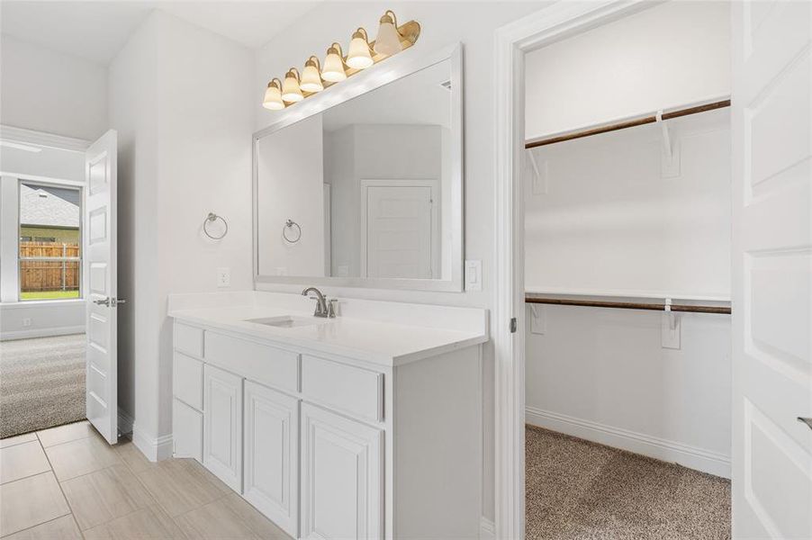 Bathroom featuring a spacious closet, vanity, and light carpet