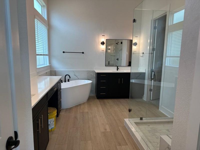 Full bathroom with wood finished floors, two vanities, a shower stall, and a freestanding bath