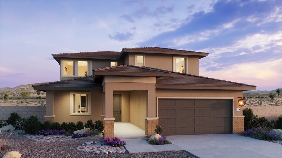 Front exterior of a new home in Windstone Ranch North, Surprise, AZ, highlighting curb appeal (Image 1). Front exterior of a new home in Windstone Ranch North, Surprise, AZ, highlighting curb appeal (Image 1).