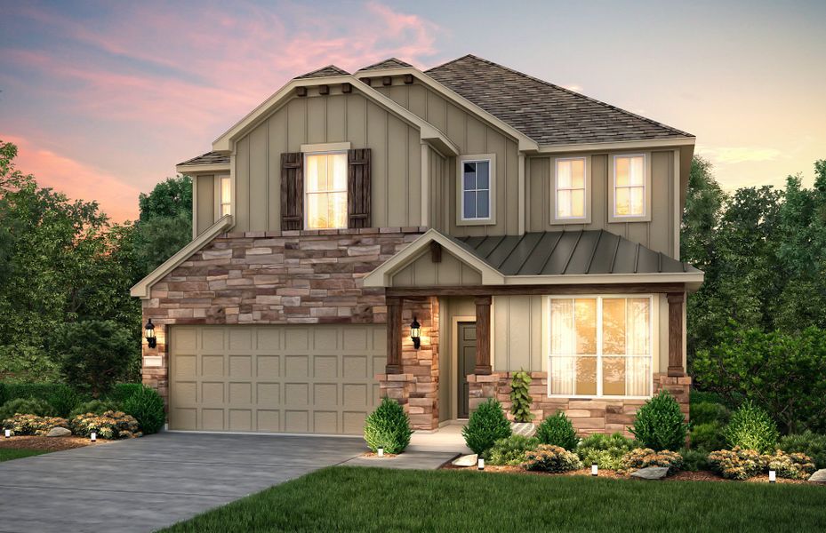 Front exterior of a new home in Santa Rita Ranch, Liberty Hill, TX, highlighting curb appeal (Image 2). Front exterior of a new home in Santa Rita Ranch, Liberty Hill, TX, highlighting curb appeal (Image 2).