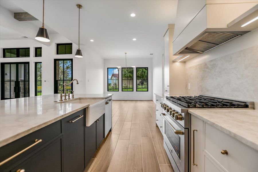 Gourmet kitchen featuring a large central island with an integrated farmhouse sink, professional-grade range with a substantial vent hood, and wood-finish flooring
