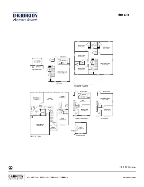 2D floor plan layout for the ELLE by D.R. Horton in Jordanville Farms, Galivants Ferry, SC (Image 3).