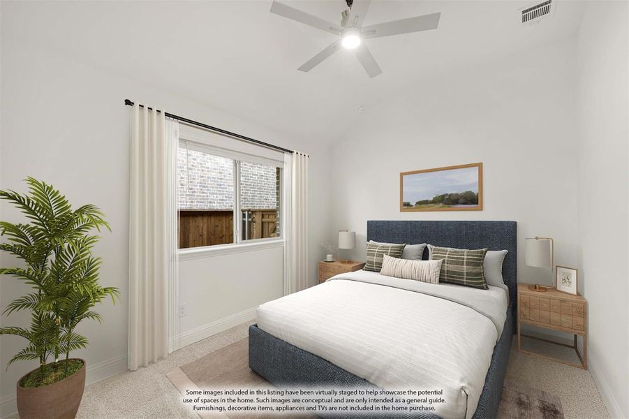 Bedroom with navy upholstered bed, ceiling fan, carpet flooring, and large window with white curtains