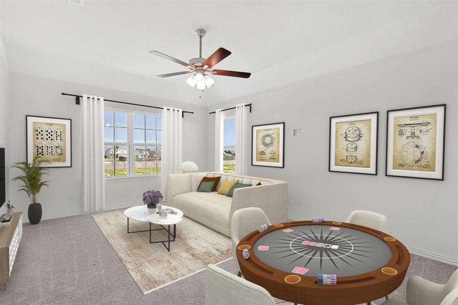 Living room with ceiling fan and carpet