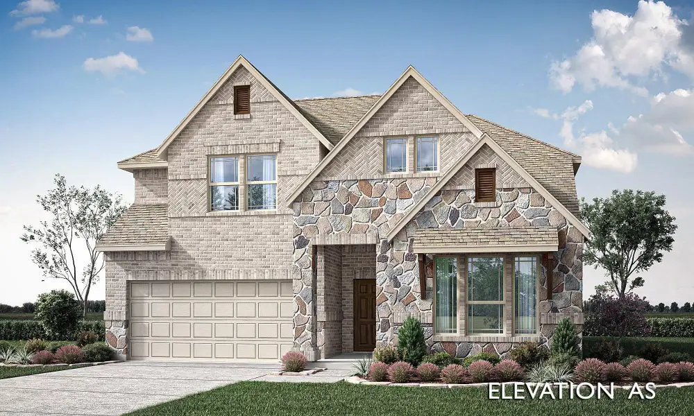 Two-story home with brick and stone exterior, two-car garage, and pitched roof, labeled Elevation AS Two-story home with brick and stone exterior, two-car garage, and pitched roof, labeled Elevation AS