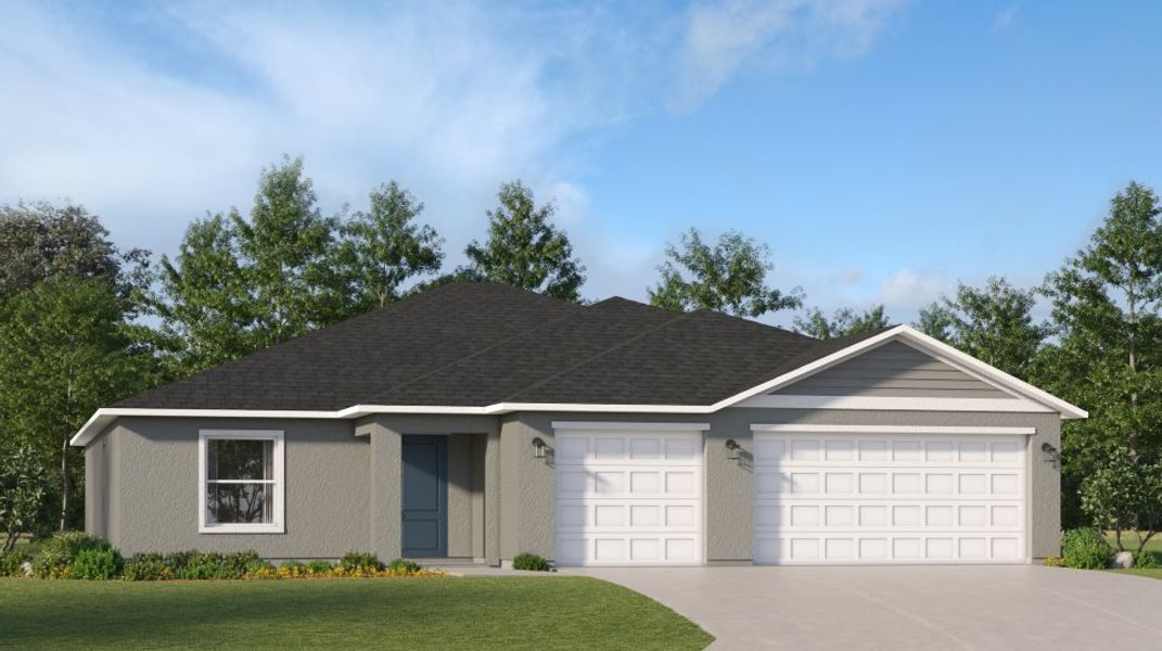 Exterior with gable-end horizontal details, clean stucco and a three-bay garage