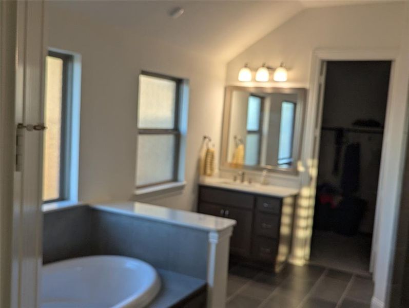 Bathroom featuring a wealth of natural light, vanity, lofted ceiling, and tile patterned flooring