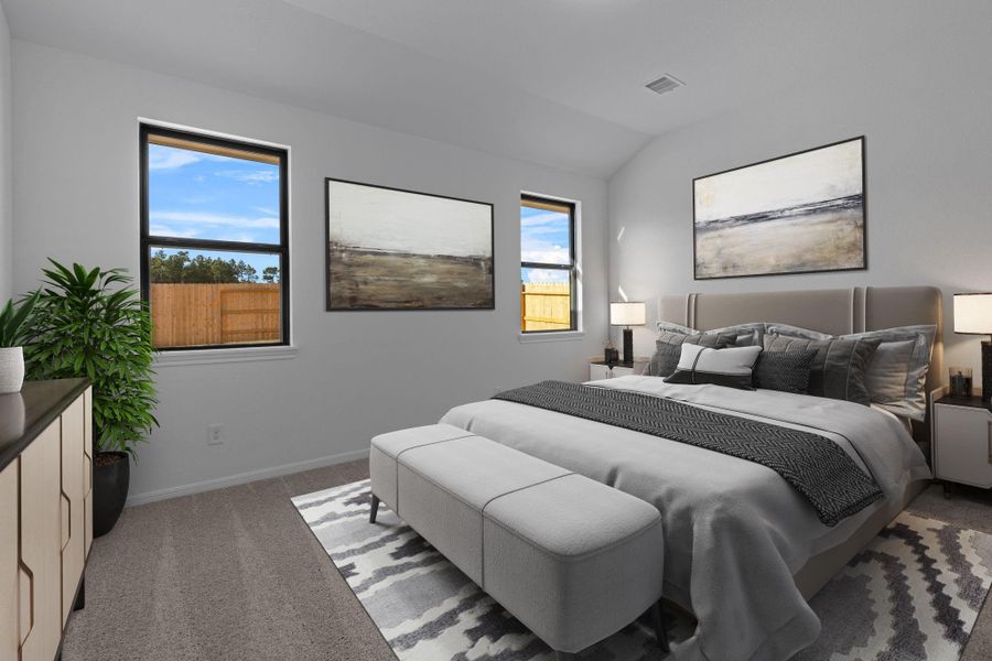 The primary bedroom is generously sized, creating a tranquil and spacious retreat that offers ample room for relaxation. Featuring plush carpet, high ceilings, fresh paint, and large windows that lets in natural lighting throughout the day.