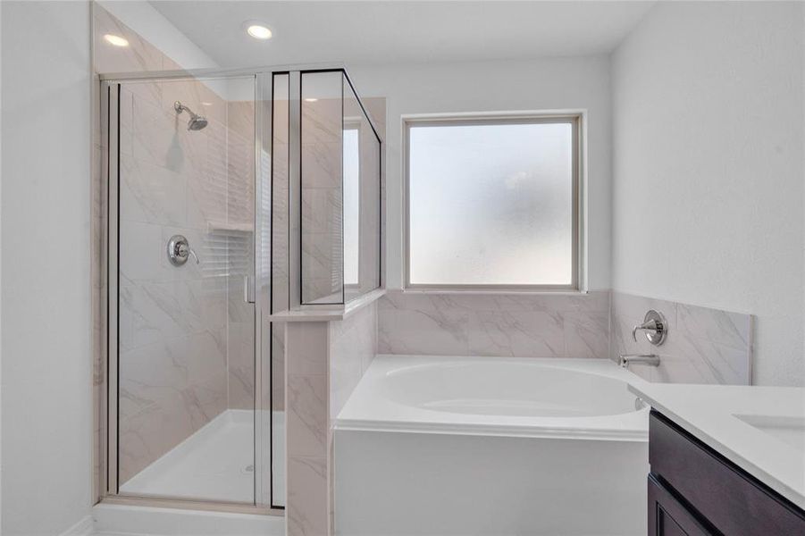 Another view of the primary bathroom featuring the walk-in shower and oversized garden tub.