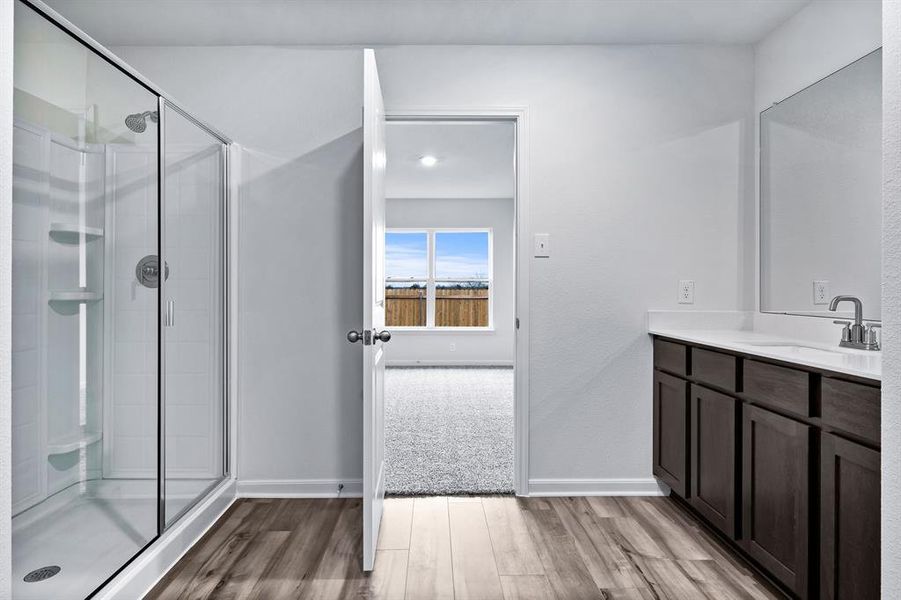 Bathroom with hardwood / wood-style flooring, a shower with door, and vanity