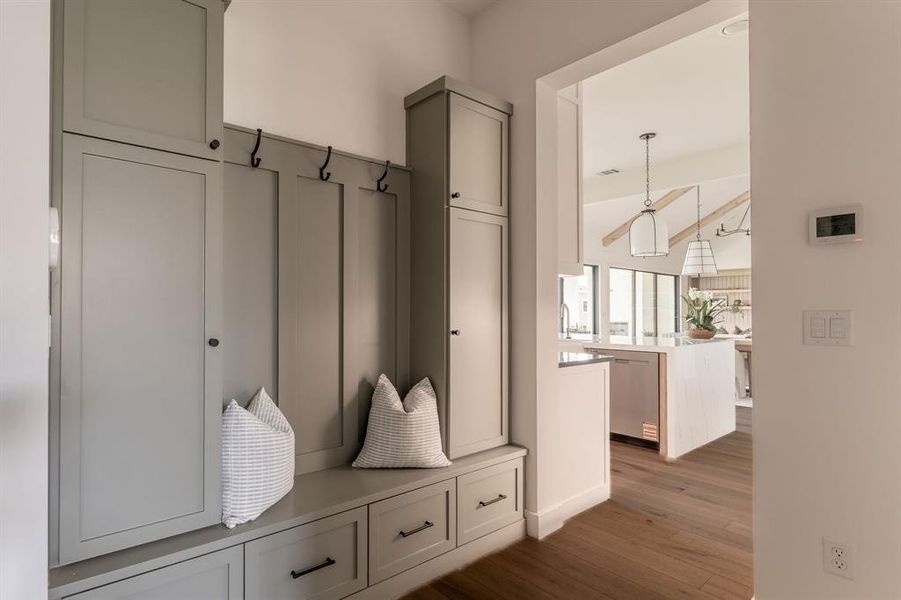 Mudroom featuring dark wood-style flooring Mudroom featuring dark wood-style flooring