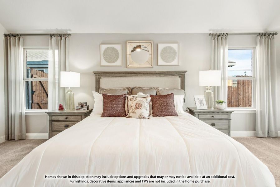 Bedroom with king-size bed, gray wood nightstands, and two windows with neutral drapes Bedroom with king-size bed, gray wood nightstands, and two windows with neutral drapes