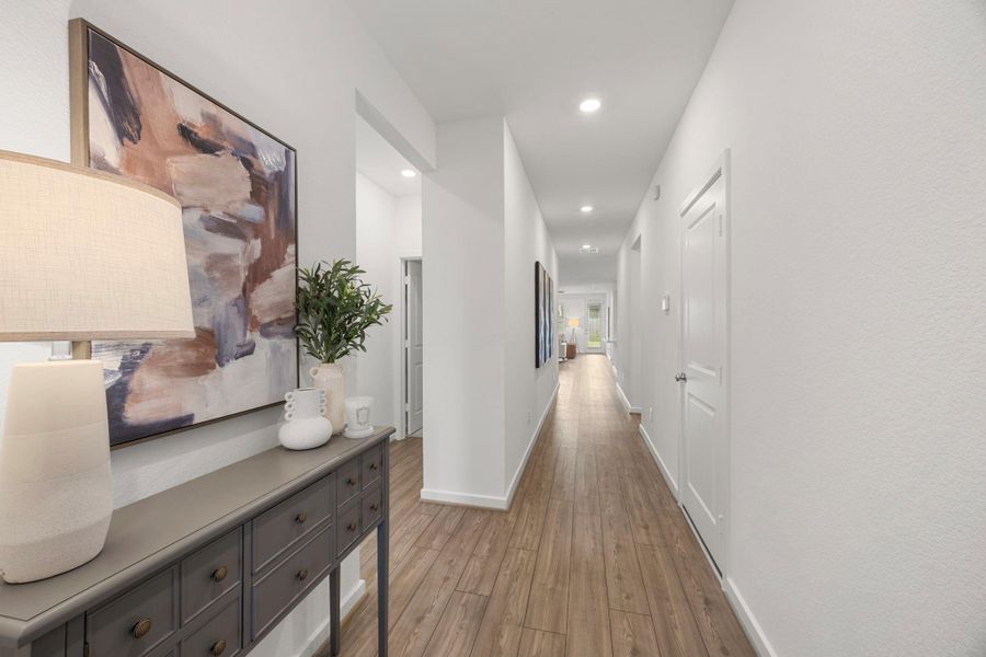 Upon entry, you are welcomed into a long hallway!