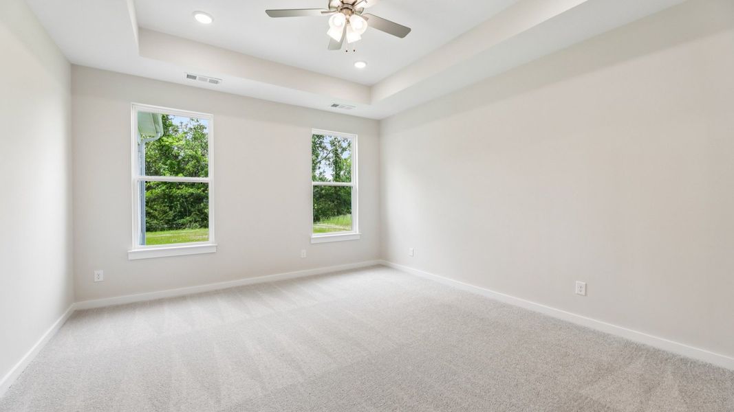 Primary suite with tray ceiling, windows, and carpet Primary suite with tray ceiling, windows, and carpet