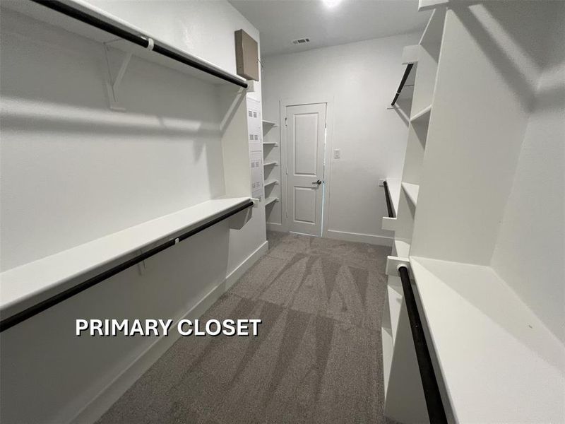 Walk-in closet featuring built-in shelving, hanging rods, light gray carpeting, and a white paneled door Walk-in closet featuring built-in shelving, hanging rods, light gray carpeting, and a white paneled door