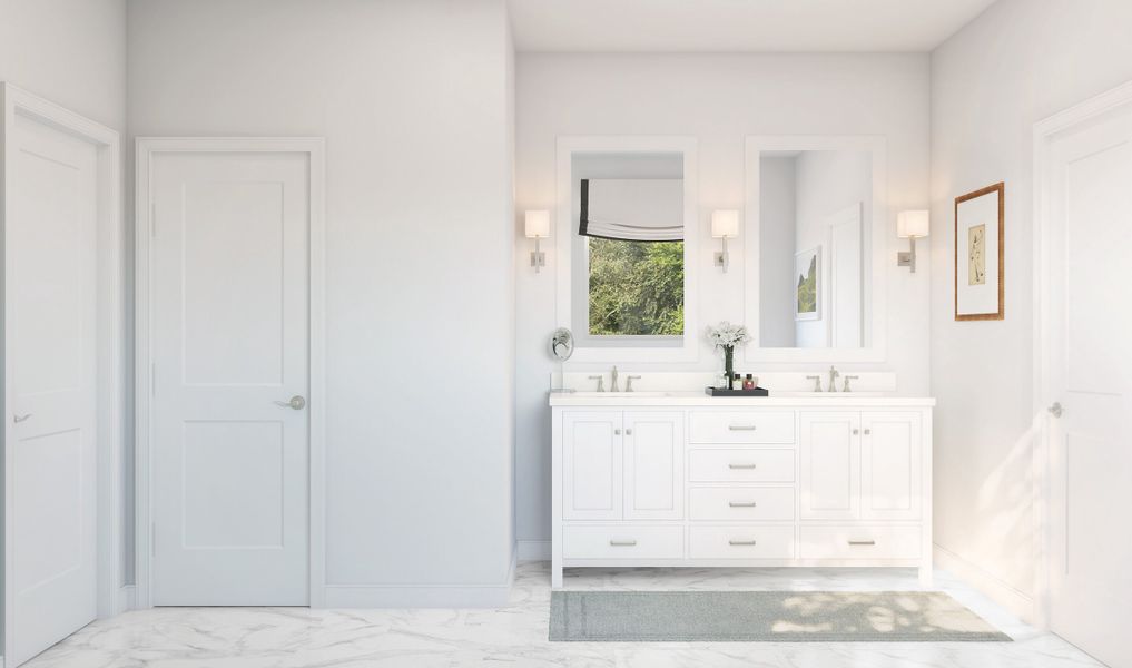 Primary bath with dual sinks and brushed nickel fixtures throughout