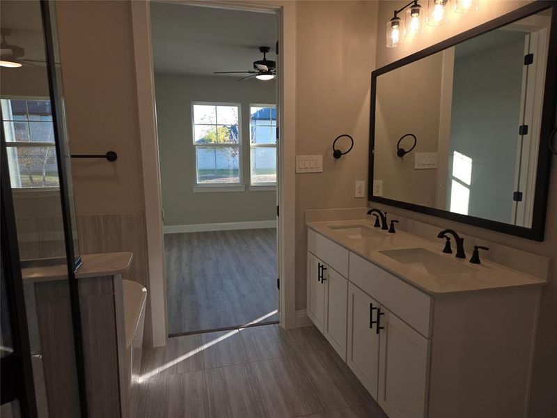 Bathroom featuring vanity, hardwood / wood-style flooring, and ceiling fan