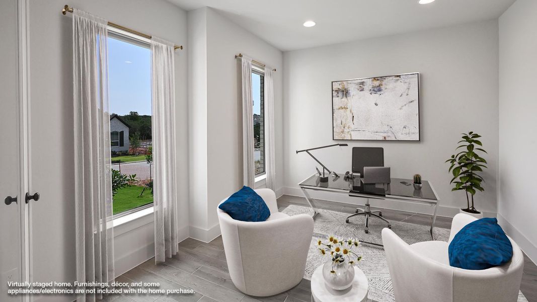 Office space featuring wood finished floors, recessed lighting, and baseboards