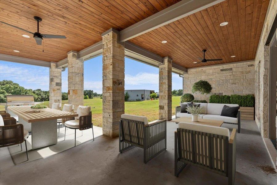 Virtually Staged - View of patio featuring a ceiling fan, outdoor lounge area, and a grill