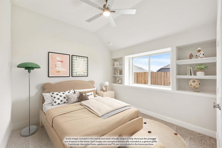 Children's bedroom with vaulted ceiling, built-in shelves, ceiling fan, and a window with natural light