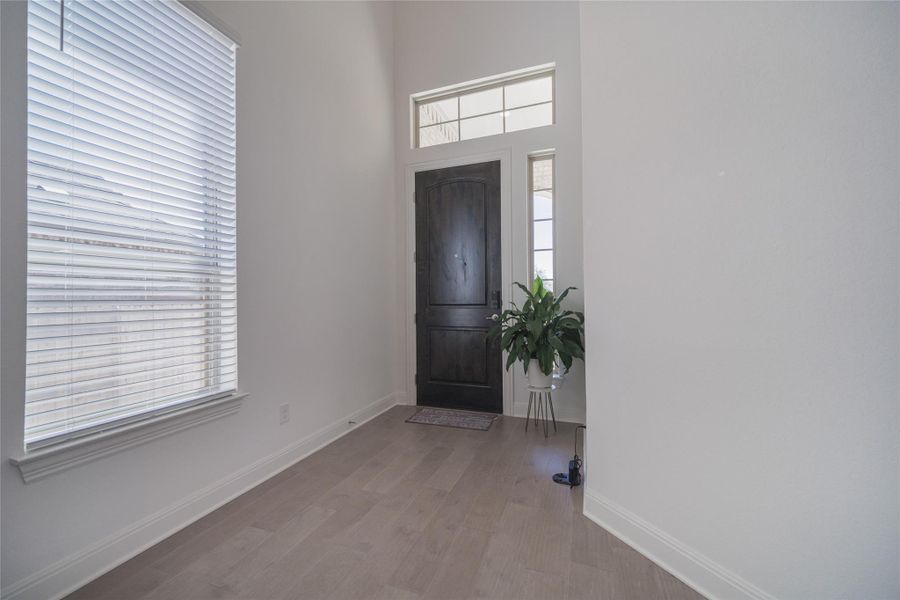 A dark wood entry door, bathed in natural light from the transom and side window, welcomes all.