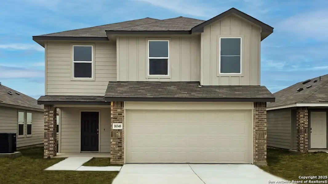 Front exterior of a new home in Sereno Springs, Converse, TX, highlighting curb appeal (Image 2). Front exterior of a new home in Sereno Springs, Converse, TX, highlighting curb appeal (Image 2).