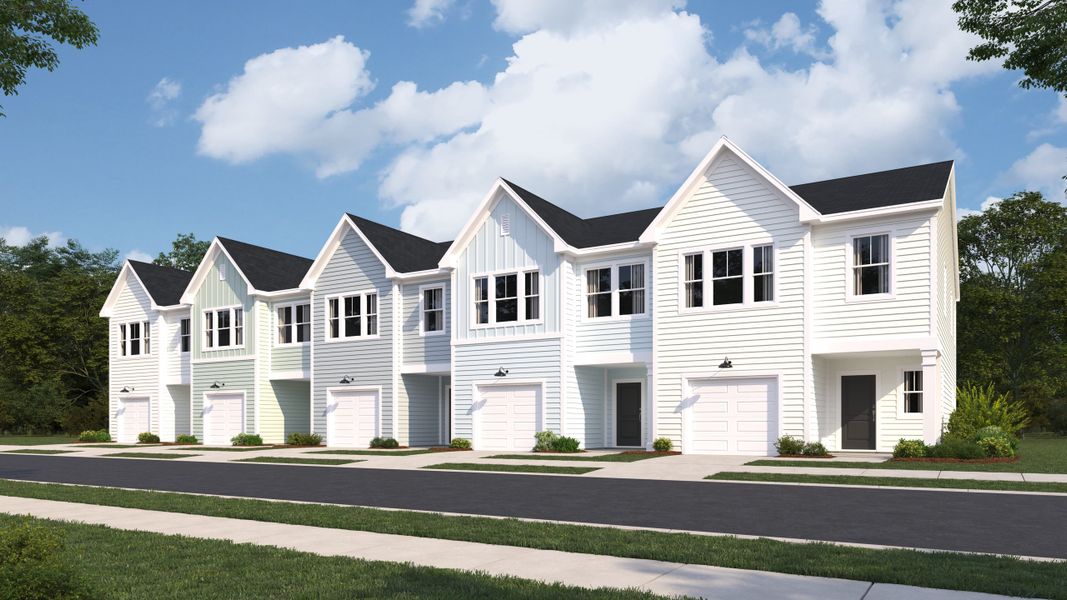 Front exterior of a new home in Lindera Preserve at Cane Bay Plantation: Townhomes, Summerville, SC, highlighting curb appeal (Image 1).