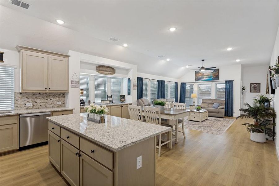 view from kitchen towards dining and living area