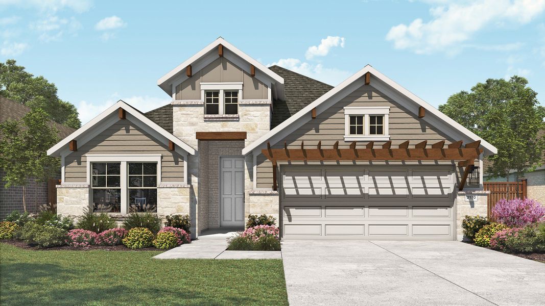 Representative exterior photo of a completed home built from the Juniper by DRB Homes in Devine Landing, Leander, TX (Image 5). Representative exterior photo of a completed home built from the Juniper by DRB Homes in Devine Landing, Leander, TX (Image 5).