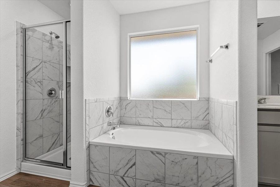 Full bathroom with a marble finish shower, a garden tub, and vanity