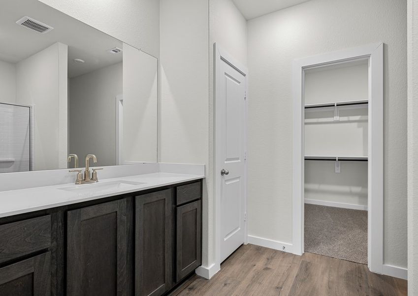 The master bathroom has a sprawling vanity.