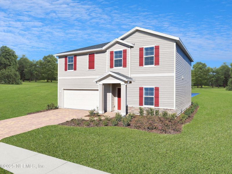 Front exterior of a new home in Shearwater: Shearwater - Single Family, St. Augustine, FL, highlighting curb appeal (Image 20).