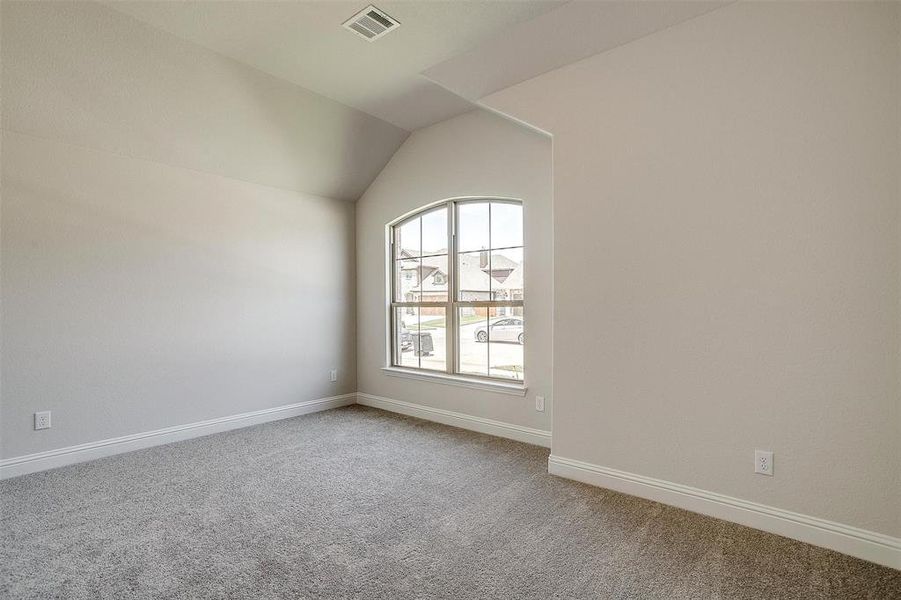 Empty room with carpet and vaulted ceiling