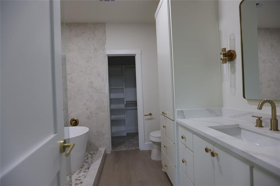 Full bathroom featuring vanity, a freestanding tub, tile walls, a spacious closet, and dark wood-style floors Full bathroom featuring vanity, a freestanding tub, tile walls, a spacious closet, and dark wood-style floors
