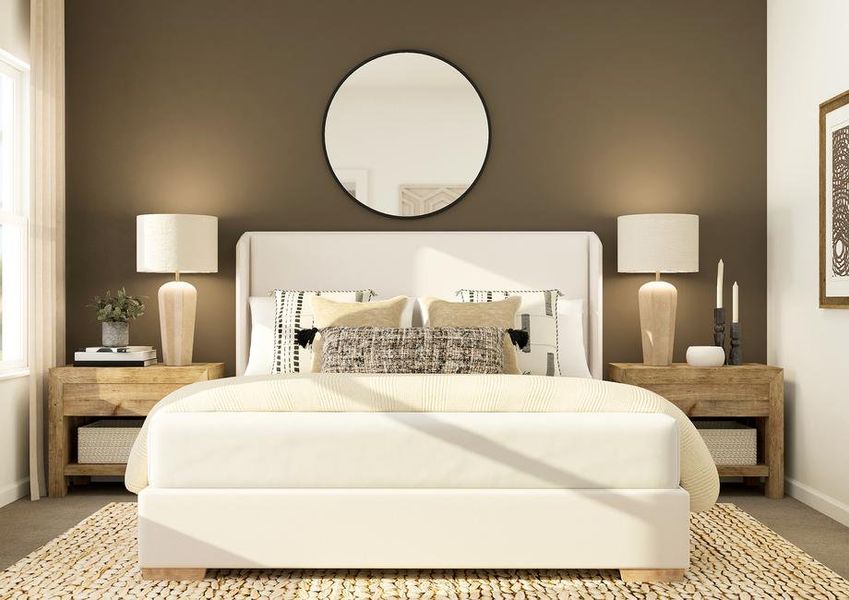 Rendering of a master bedroom furnished
  with a white bed and two wooden side tables.