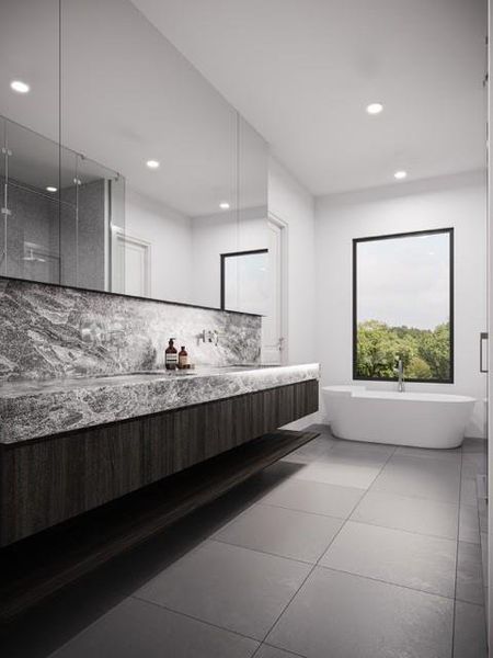 This bathroom features a sleek, modern design with a floating vanity and  quartz countertop. It includes a large mirror, spacious floor tiles, and a freestanding bathtub by a window offering a scenic downtown view, creating a luxurious and relaxing atmosphere. Virtually Staged.
