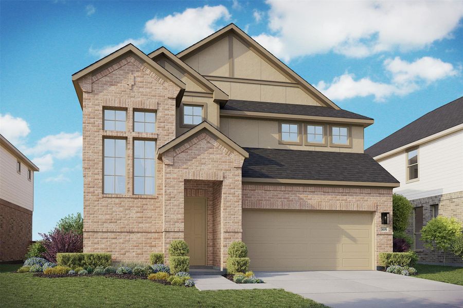 View of front facade featuring brick siding, roof with shingles, concrete driveway, an attached garage, and a front lawn