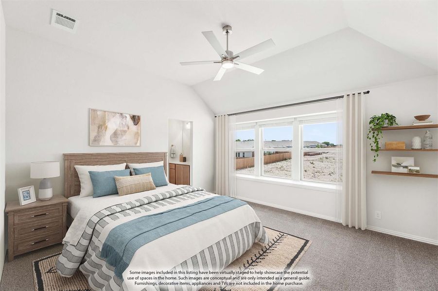 Bedroom with vaulted ceiling, ceiling fan, carpet flooring, and large window with outdoor view